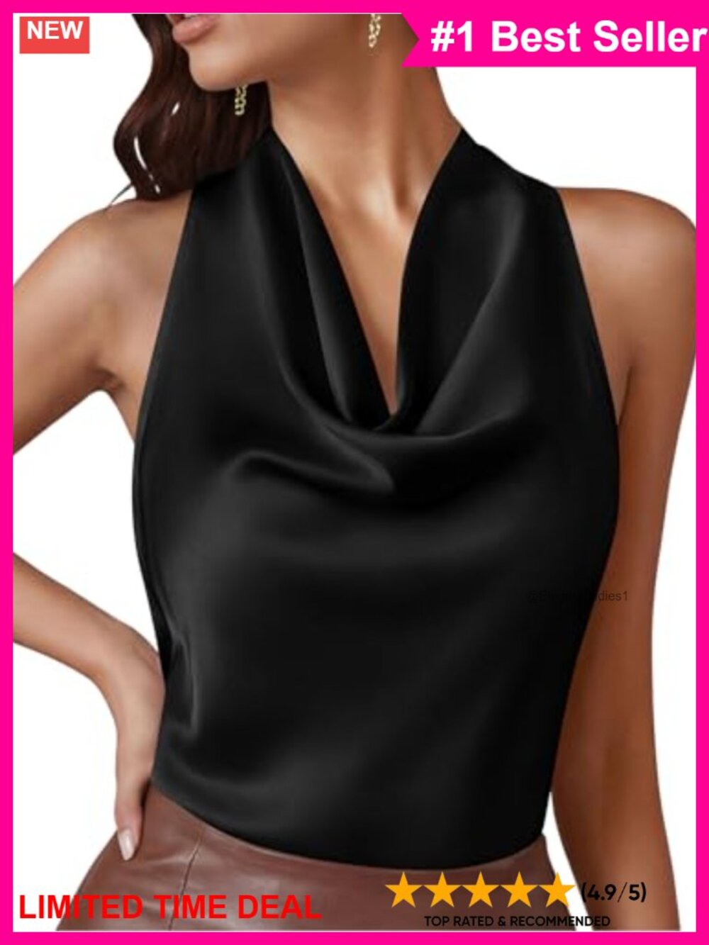 Satin Cowl Neck Halter Top Sleeveless Tie Back Blouse